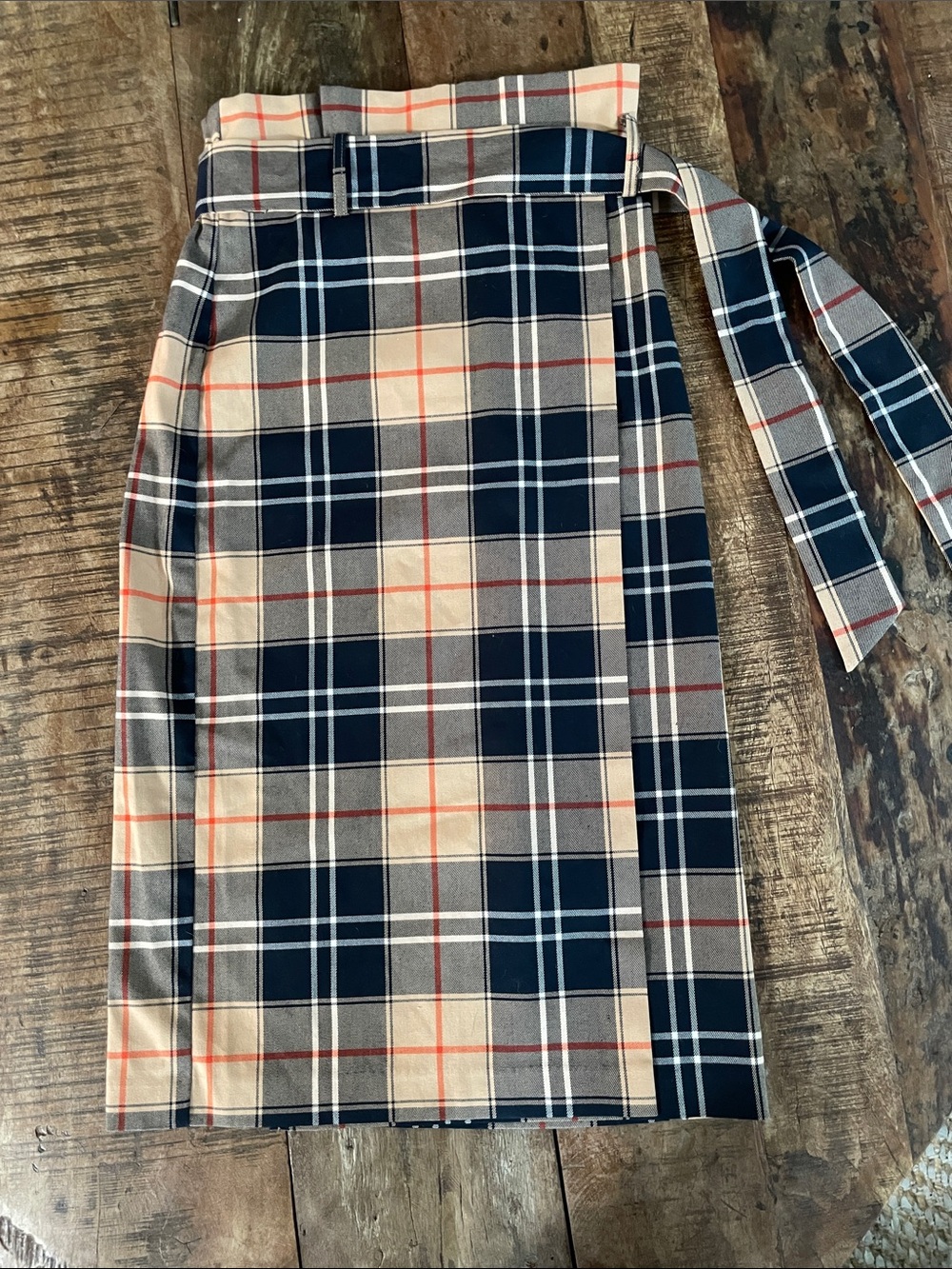 H&M Navy, Tan and Red Plaid Wrap Midi Skirt